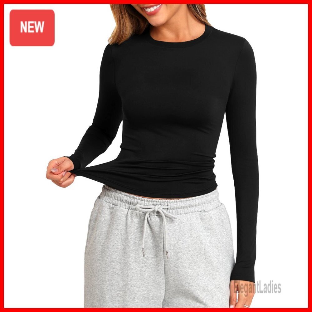 Fitted Long Sleeve Crop Top, Stretchy Rayon Tee for Layering